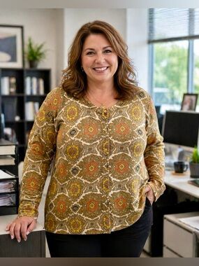 Talbots Cotton Blend Warm Toned Medallion Print Banded Cardigan Sweater Office